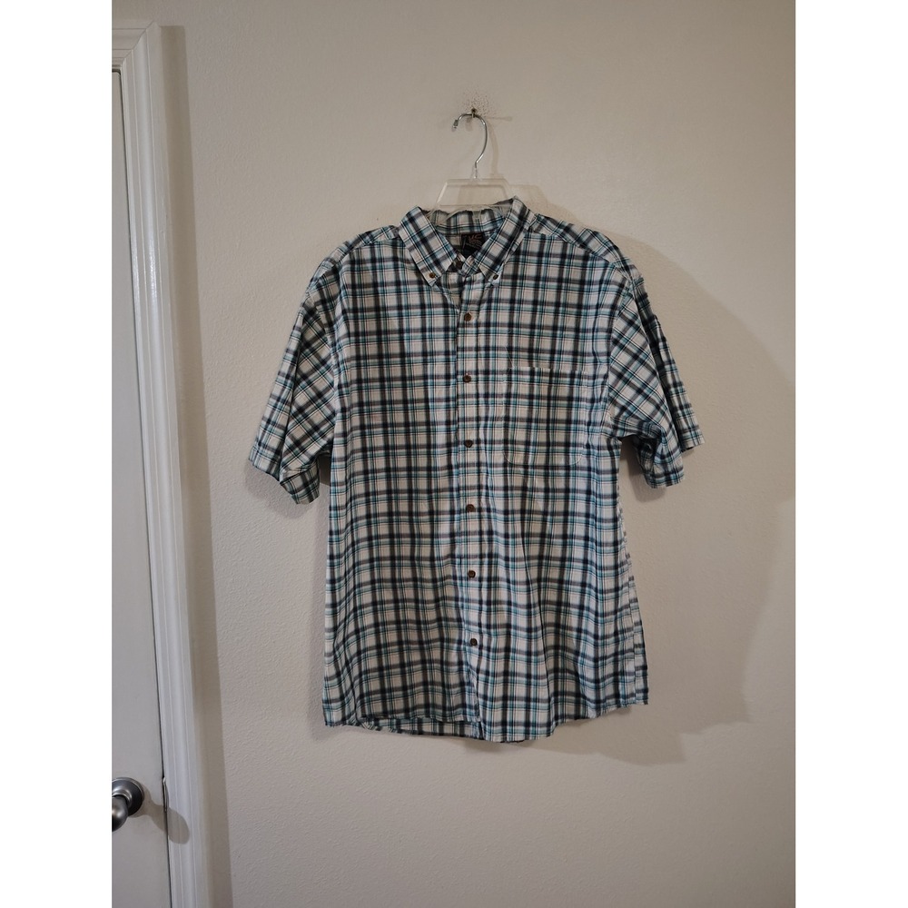 Western Connection Mens Large Plaid Button Down Shirt Teal White Short Sleeve WC